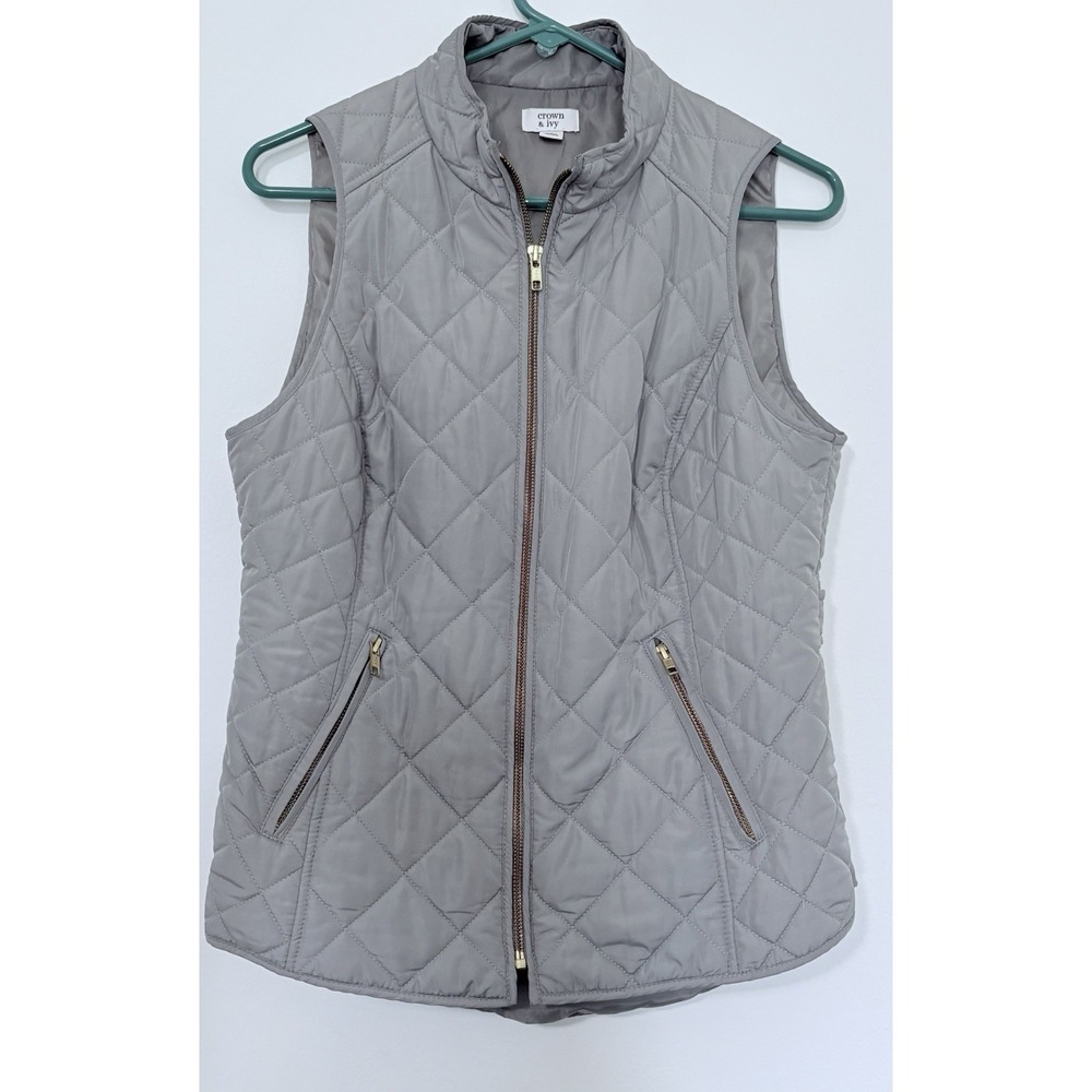 Crown and Ivy Quilted Size Small Gray Vest Womens Full Zipper 2 Pockets